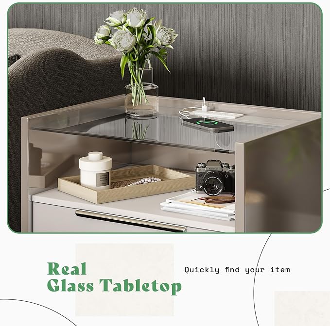 AMERLIFE Nightstand Set of 2, 23.6" High Gloss End Table with Glass Tabletop, Modern Bedside Table with Charging Station, 2 Drawers Nightstand for Bedroom, Cream & Gray - Image 6