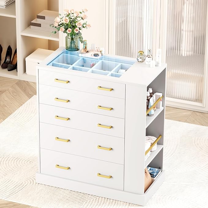 Closet Island with Open Shelves, Modern Glass Top Dresser with LED Lights, Tall Chest of Drawers with Jewelry Organizer for Bedroom,Living Room, Bedroom, Hallway, Entryway, White