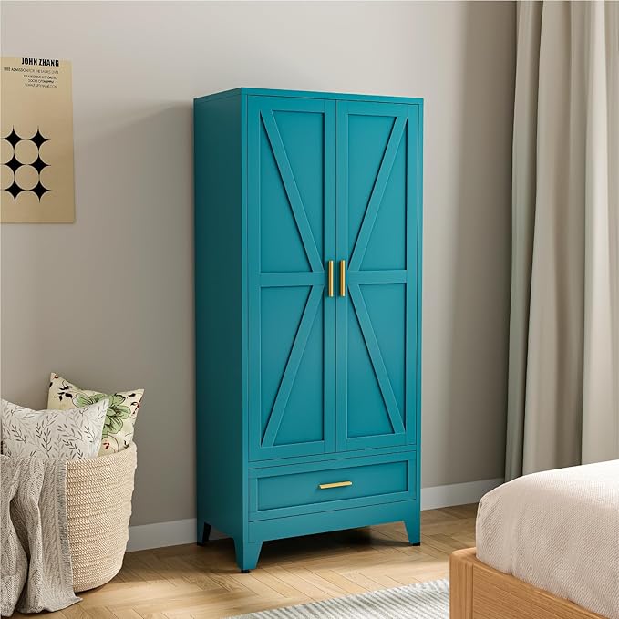 Metal Wardrobe Cabinet, 71" Tall Armoire Wardrobe Closet with Drawer,Hanging Rod and Adjustable Shelf, Farmhouse Clothing Storage Cabinet for Bedroom, Laundry