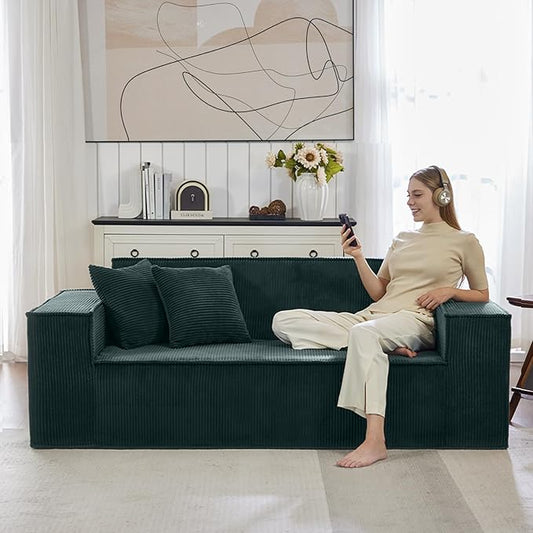 Corduroy Cloud Couch with Pillow, Premium Memory Foam, No Assembly Required, Deep Seat Sofa in Box, Space-Saving Chair for Home, Living Room, Bedroom, Apartment, Office, 3-Seater, Dark Green