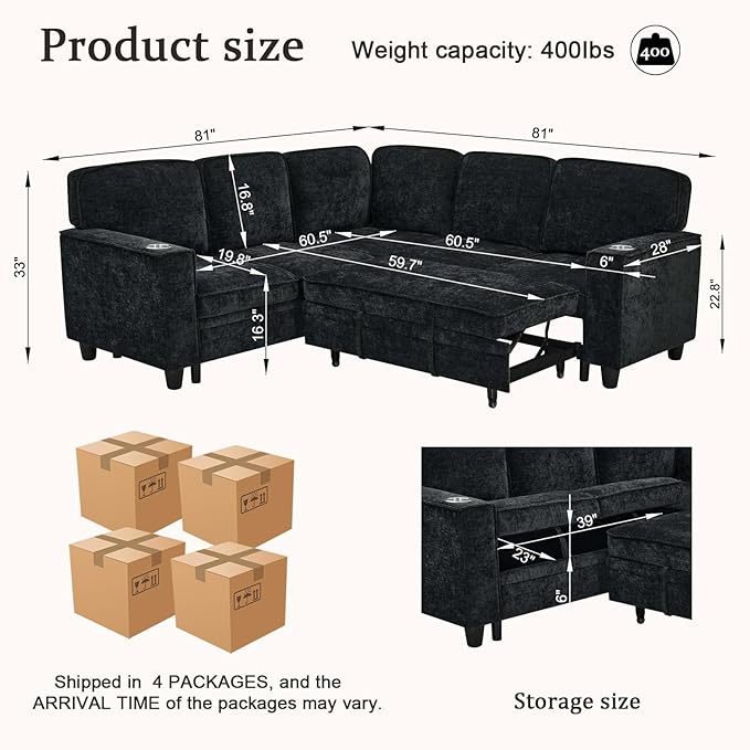 KEIKI 81" L-Shaped Oversized Chenille Modular Sectional Sleeper Sofa with Pull-Out Bed, Storage Seat, Modern 5-Seater Upholstered Couch Bed with Charging Station, Easy Assembly, for Living Room, Black