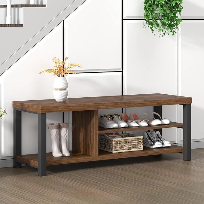 FOLUBAN Entryway Bench, Modern Wood Shoe Bench for Living Room Hallway, Industrial Indoor Shoe Storage Bench Seat, Rustic Walnut, 47 Inch - Image 5