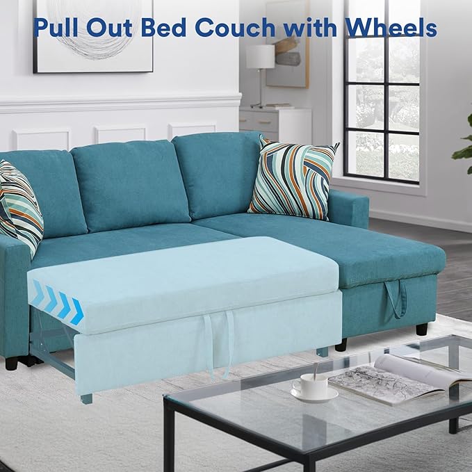 Rovibek 83" Convertible Sofa Bed Couch with Storage - 4 in 1 L Shaped Sofa with Pull Out Couch Bed for Living Room, Apartment, Office, Small Spaces, Cyan