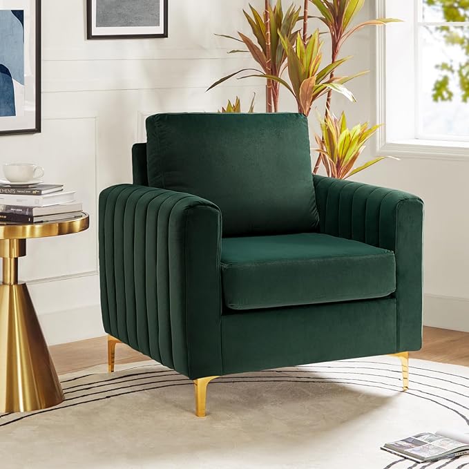 HULALA HOME Velvet Accent Club Chair, Modern Velvet Armchair Upholstered Accent Club Sofa Chair with Gold Metal Legs Mid-Century Barrel Leisure Comfy Reading Armchair, Green