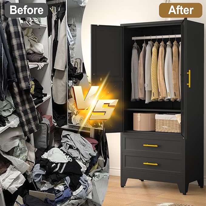 Metal Armoire Wardrobe Closet Storage Cabinet with 2 Doors Black, 71'' Wardrobe Cabinet with Hanging Rod Metal Closet with Adjustable Shelf and 2 Drawers for Bedroom, Laundry Room, Cloak Room