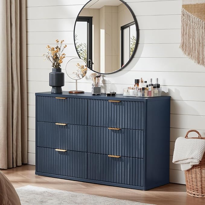 LEYAOYAO Fluted 6 Drawers Dresser for Bedroom, 48" Wide Farmhouse Chest of Drawers with Metal Handle,Curved Profile Modern Closet Organizer Wood Dressers TV Stand for Living Room, Hallway, Blue - Image 3