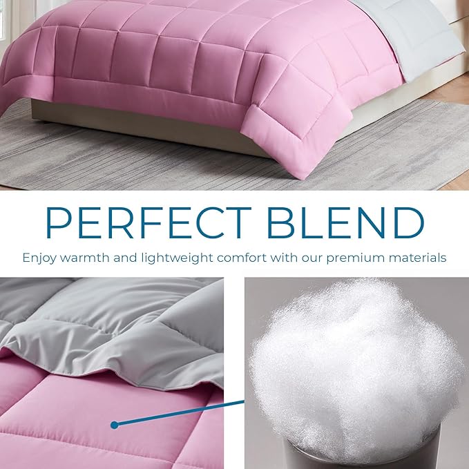 Nestl Comforter Duvet Insert 3 Piece, Quilted Down Alternative Comforter Oversized King Size with 2 Pillow Shams, All Season Pink/Light Grey Duvet Inserts Oversized King Comforter with Corner Tabs