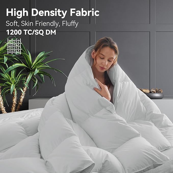 L LOVSOUL Goose Feather Down Fiber Comforter King Size, 100% Organic Cotton Fabric Duvet Insert,1200TC,750+FP, Hotel Collection, All Season Light Grey Bedding Comforters with 8 Tabs