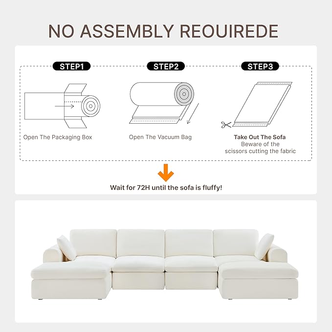 138" Boneless Cloud Couch Sectional No Assembly Required Modular Sofa with Deep Seat for Living Room U Shaped Couch with Ottoman Snowflake Fabric and Memory Sponge White