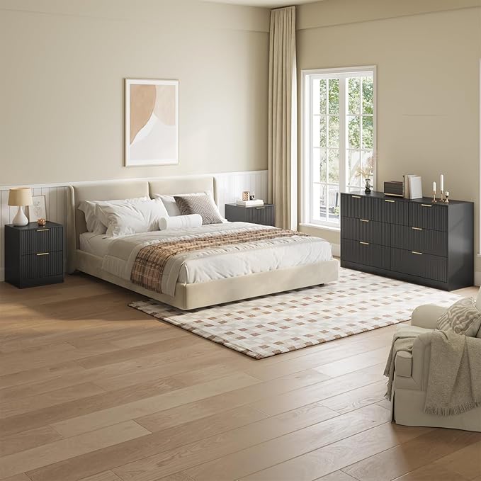 7 Drawer Dresser & Nightstand Set 3-Piece, 55” Wide Bedroom Dressers and Night Stand Set of 2 with Metal Handle, Fluted Modern Wood Chest of Drawers Storage Dressers Set for Bedroom, Black