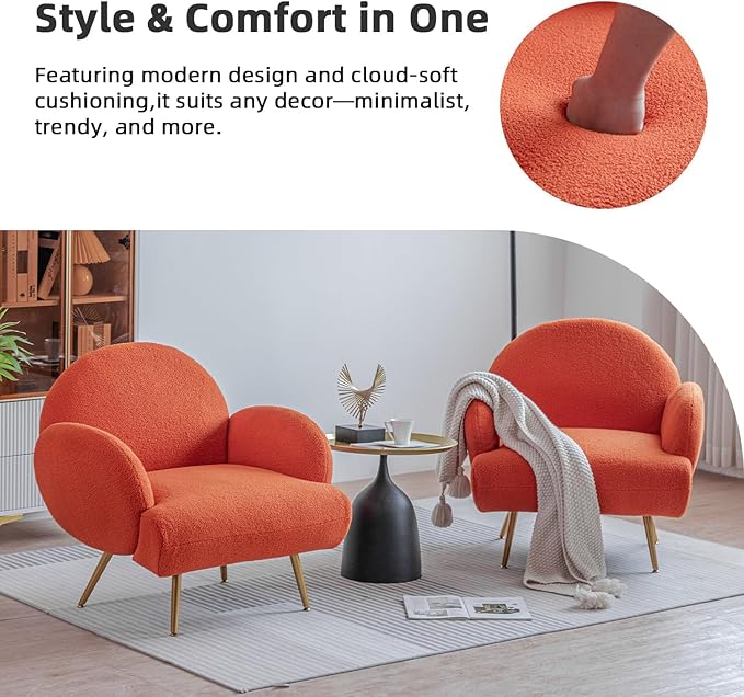 Orange Accent Sherpa Chair, Comfy Boucle Chair for Reading Bedroom Living Room with Golden Metal Legs Teddy Tufted Backrest Sofa Armchair Side Chair