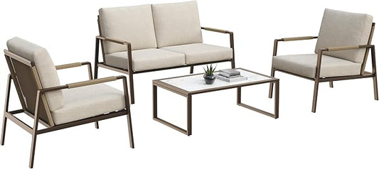 East Oak 4-Piece Patio Furniture Set with Thick Cushions, 4 Seats Waterproof Outdoor Patio Set with Rattan Armrests, Loveseat and Coffee Table for Backyard, 2024 Coast Patio Conversation Set in Beige