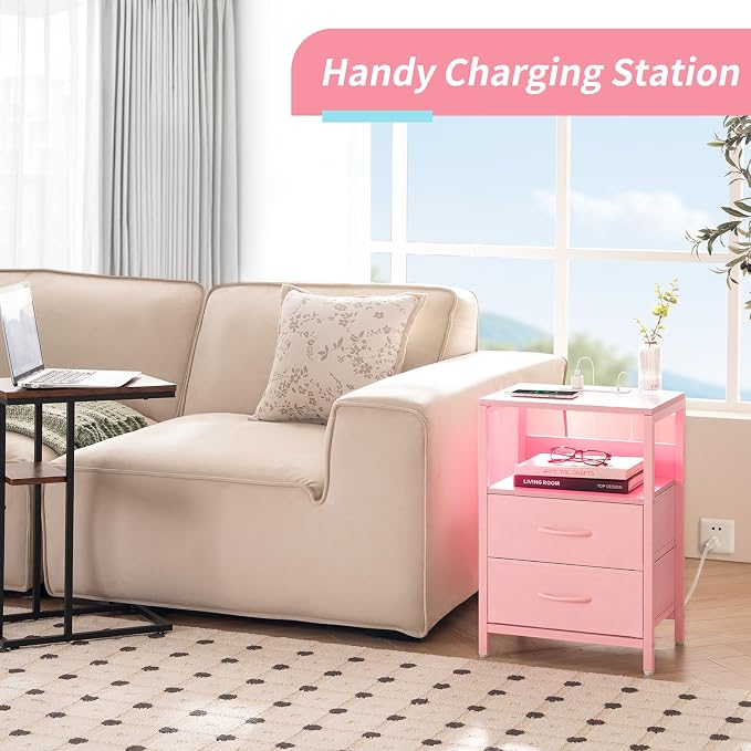 Yoobure Nightstand with Charging Station, LED Night Stand with Fabric Drawers and Storage Shelf for Bedroom, Nightstands Bedside Tables with USB Ports & Outlets, Small Night Stands, Bed Side Table - Image 5