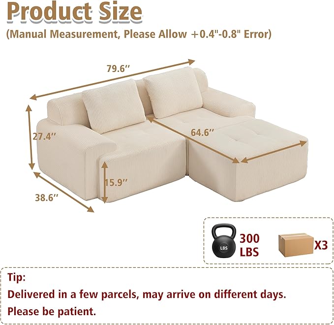 KIGOTY Modular Sectional Sofa, 3 PCS Comfy Cloud Sectional Couch with Deep Seat, L-Shaped Corner Sofas with Ottoman, Modern Boneless Couch for Living Room, No Assembly Required,White