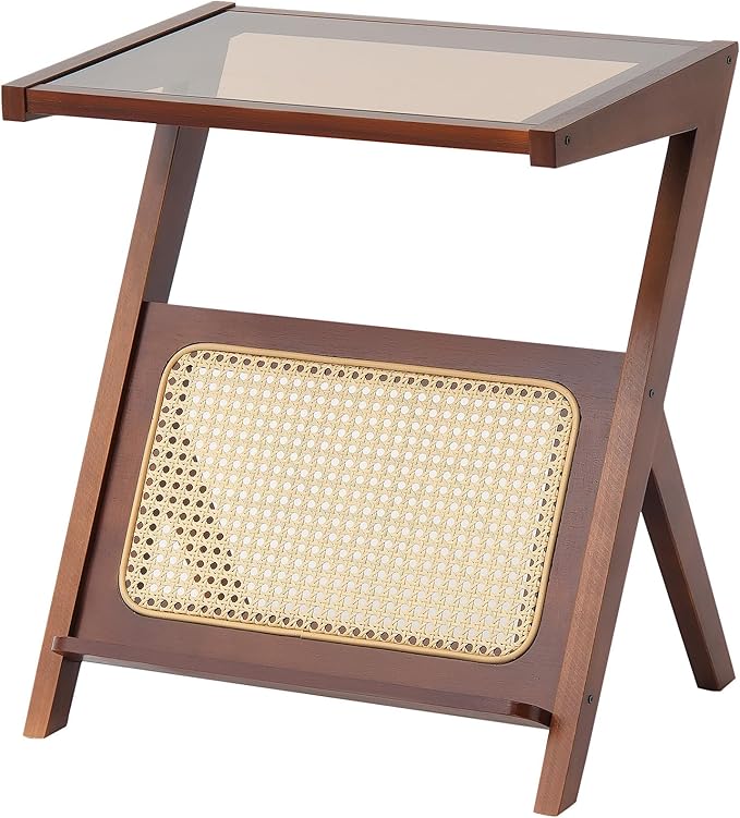 VEVOR Rattan Coffee Table, Z-Shaped Rattan Woven Bamboo Coffee Table with Tempered Glass Top, 20” Modern Boho Storage Table with Natural Bamboo Legs, for Living Room, Bedroom & Small Spaces