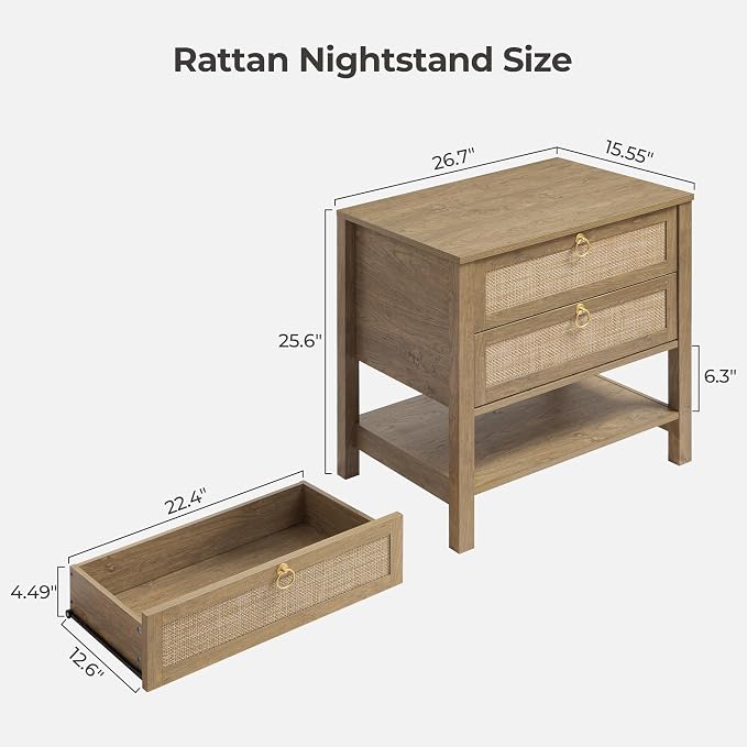 SICOTAS Night Stands Set of 2 for Bedroom, Large Bedside Tables with Drawer & Open Shelf, Wide Boho Rattan Nightstand Set Narrow Side Table for Master Bedroom - Image 2