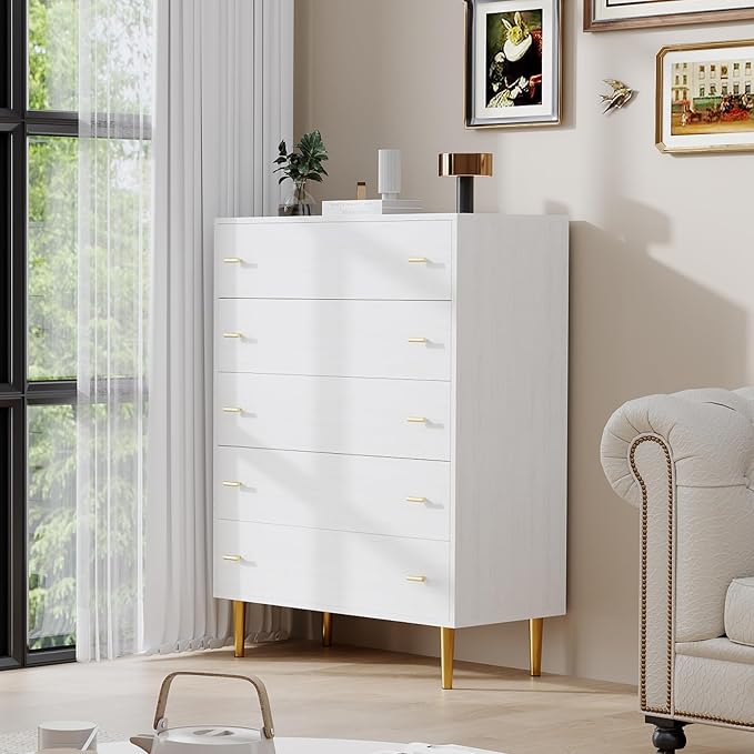 Farmhouse 5 Drawers Dresser for Bedroom, 44 in Tall White Dresser Wood Rustic Chest of Drawers with Large Drawers & Bar Handles,Natural Texture,Drawer Organizer for Living Room,Hallway and Entryway - Image 3