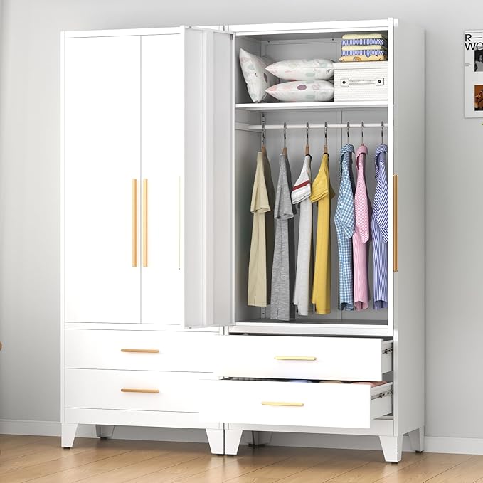 75.3" Tall Metal Armoire Wardrobe Closet with 2 Doors and 2 Drawers, Adjustable Hanging Rod and Adjustable Shelf, Freestanding Storage Cabinet Organizer for Bedroom, Office, Laundry Room，White