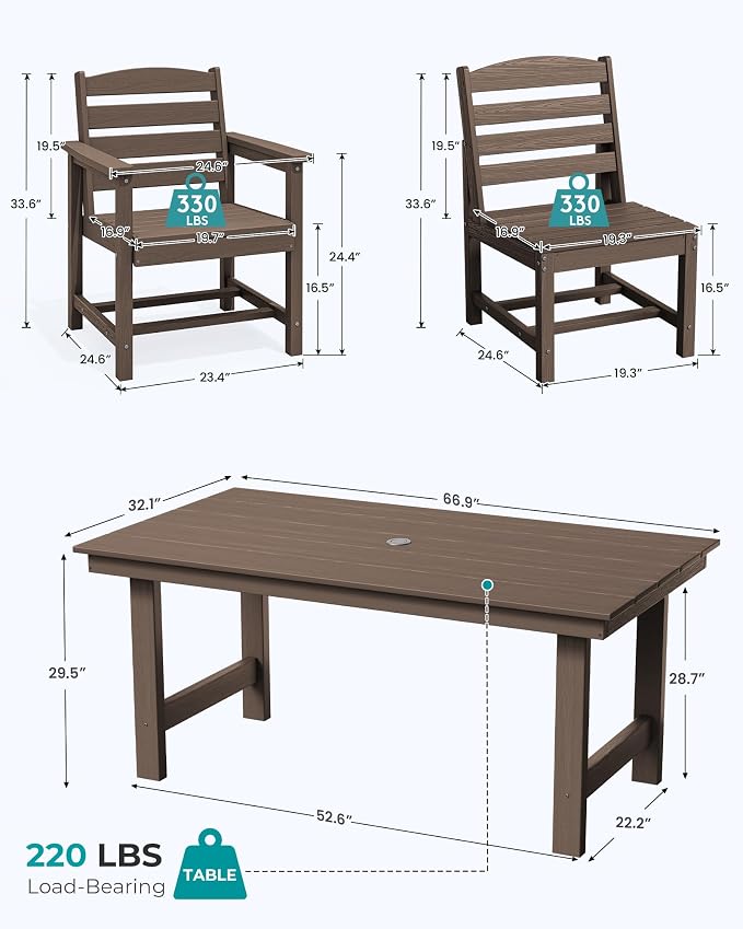 SERWALL Patio Dining Sets for 6 Person, HDPE Dining Set with 6 Armless Chairs, Coffee - Image 2