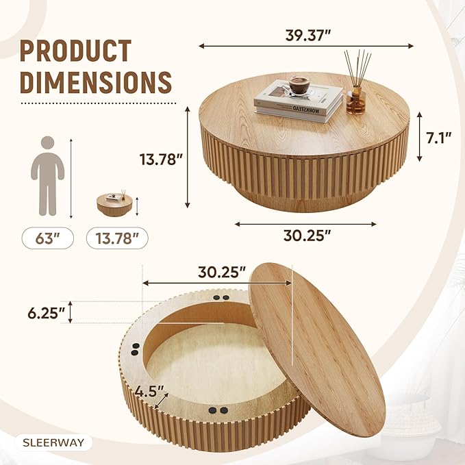 39.37'' Round Coffee Table with Storage, Modern Wooden Fluted Circle Coffee Table Oak Unique Drum Center Table Wood Circular Tea Table for Living Room, Office, Small Apartment, Natural Wood