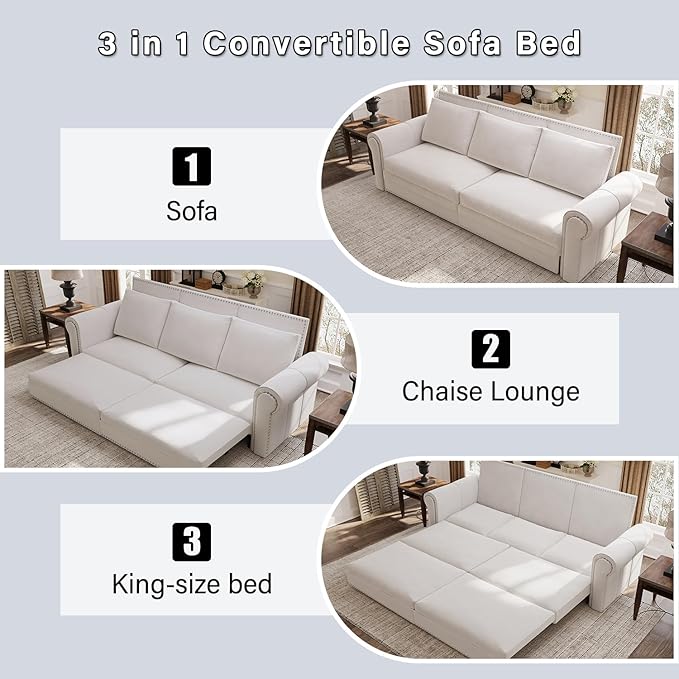 Eafurn 93.7" King Size Pull Out Sofa Bed, 3-in-1 Convertible Sleeper Sofa Couch Bed with Nailhead Decor and Rolled Arms, Velvet Oversized Chesterfield Loveseat Chaise Lounge