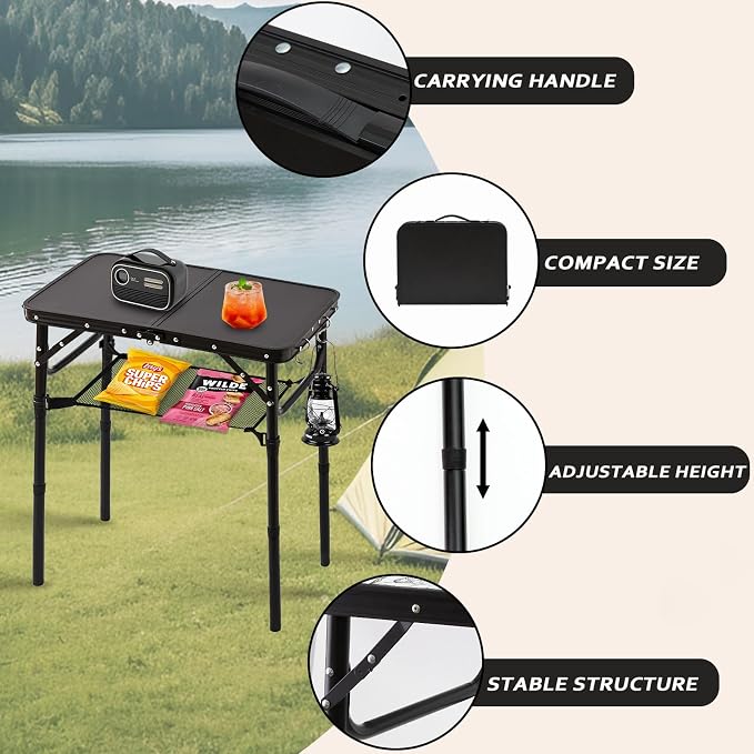 YihuiKo Folding Picnic Table with Storage Net, Matte Black Aluminum Folding Table 23.6" x 15.8", Adjustable Height Max 27.5", Lightweight Portable for Camping Travel Grill Indoor - Image 4