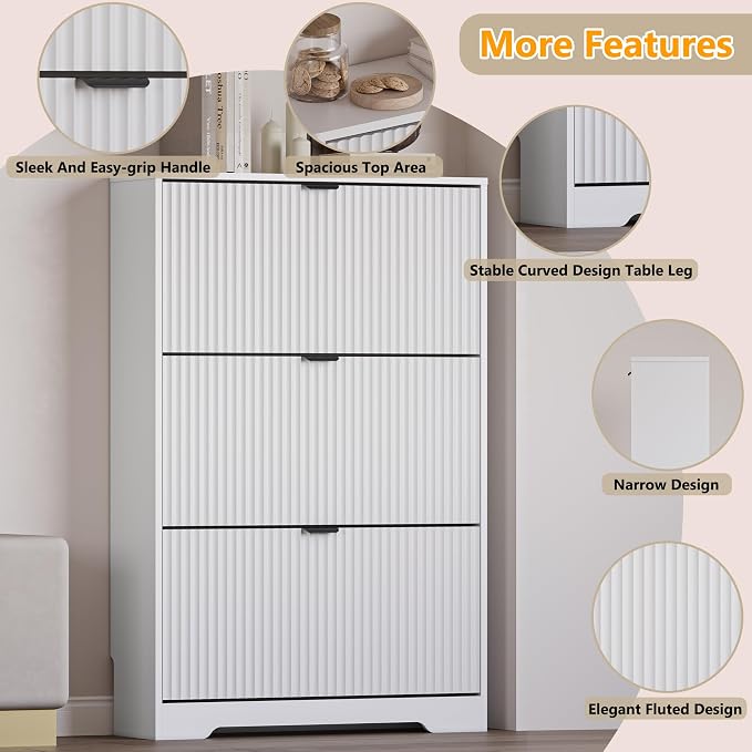 BORNOON Entryway Shoe Cabinet with 3 Flip Drawers, Narrow Shoe Organizer Cabinet with Fluted Panel and Adjustable Shelves for Foyer, Hallway - Image 4