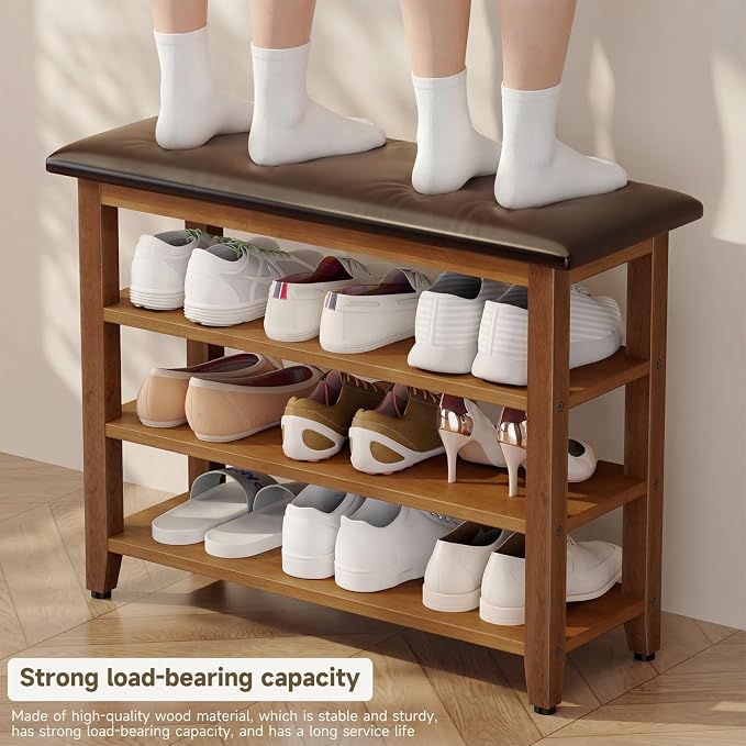 Shoe Bench with Leather Cushion,Wood Bench with Shoe Rack,3-Tier Shoe Storage Organizer for Entryway,Hallway,Living Room (Brown, 3-Tier-31.5") - Image 9