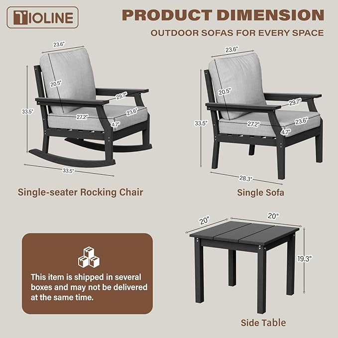 HDPE Patio Conversation Set, 3-Piece All Weather Outdoor Furniture Set with 1 Single Sofa，1 Rocking Sofa for Deck, Lawn, with Cushion, Black