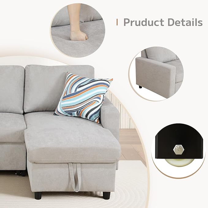 L-Shaped Sleeper Sofa with Chaise Lounge & Storage, Pull-Out Couch Bed with Recliner, Full Size Futon for Living Room, Office, Apartment Beige