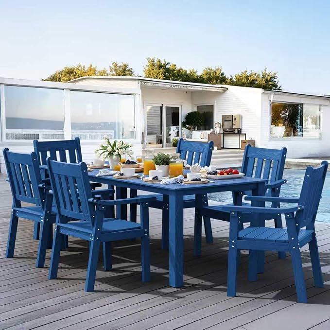 YEFU HIPS Patio Table Set: 7 Piece Outdoor Table and Chairs Dining Furniture Set with Umbrella Hole - Blue Modern Plastic Dining Sets 6 Person for Outside Deck with Metal Aluminum Frame - Image 9