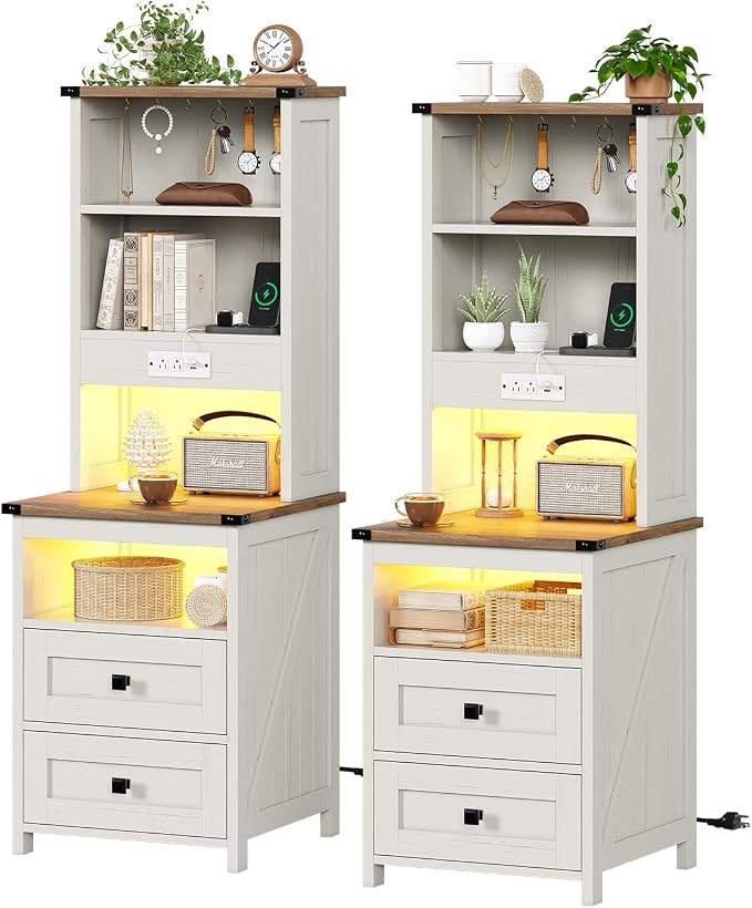 Farmhouse Tall Nightstand Set of 2 with Charging Station and 2 Drawers,Led White Night Stand Set of 2 with Bookshelf,Bedside End Side Table with Storage Shelves for Bedroom,Antique White by Unknown