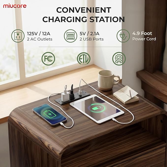 Nightstands Set of 2, Wide Round Bedside Table Set with Charging Station, Large End Table with 2 Drawers Curved Design Modern Nightstand for Bedroom Sofa Home Office Walnut - Image 5