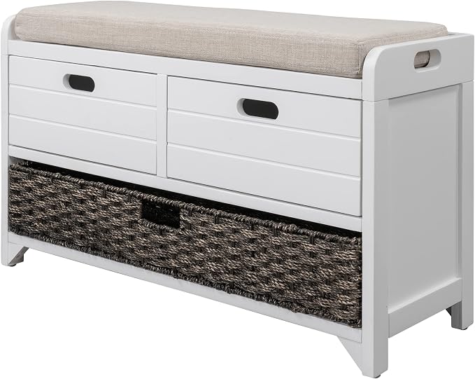 SOFTSEA Storage Bench with Drawers and Basket, Farmhouse Shoe Bench with Seating and Cushion for Hallway Entryway Living Room, Full Assembled (White Wash-2 Drawers) - Image 3