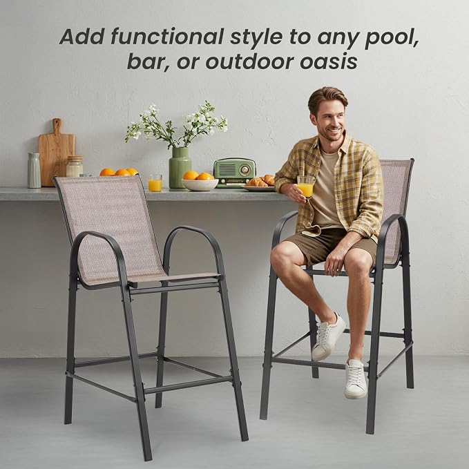 HOMREST Outdoor Bar Height Stools Set of 8,High Back Patio Chairs with Armrests,Textilene Chairs with Breathable Fabric & Metal Frame for All Weather,Taupe - Image 7