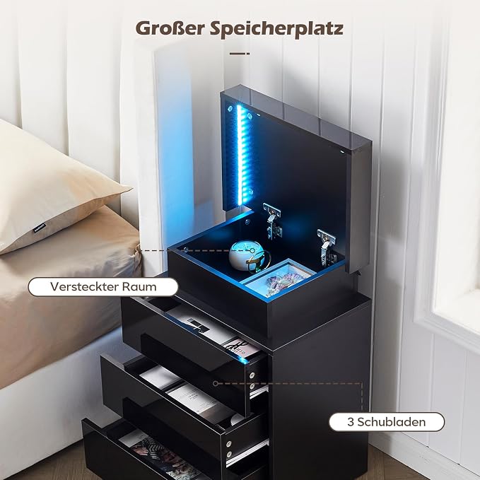 TUKAILAi Modern Nightstand with LED Light, Smart Bedside Table with 3 Drawers and Flip Top Storage Cabinet, High Gloss Side Table End Table for Bedroom (Black) - Image 5