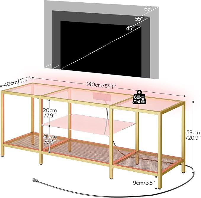 HOOBRO TV Stand with LED Lights and Power Outlets for TVs up to 65", Modern 55 Inch Tempered Glass TV Console Table with Open Shelves, Media Entertainment Center for Living Room, Gold GD145UDS01 - Image 3