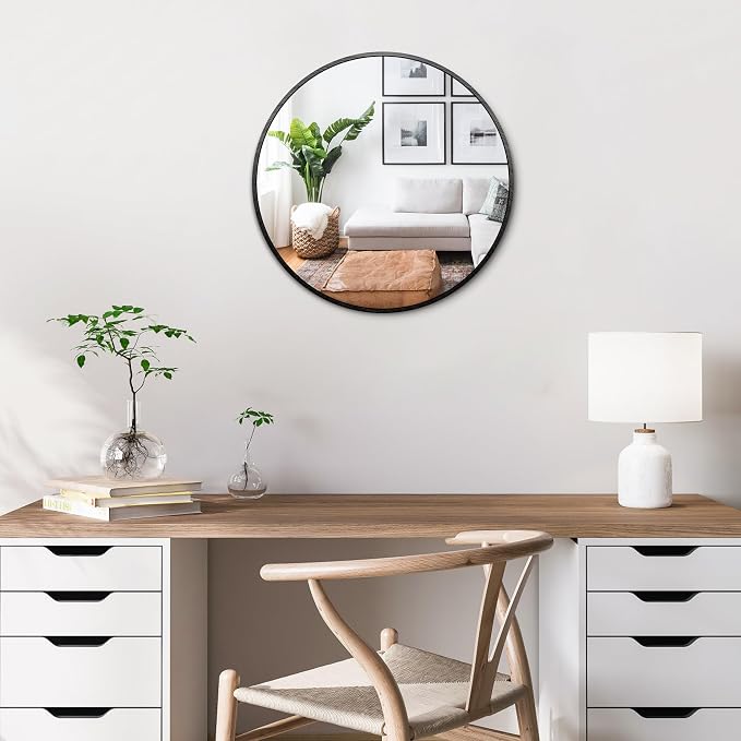 Itrue 12 Inch Small Round Decorative Wall Mirror, HD Silver-Coated Glass with Brushed Black Metal Frame, Minimalist Modern Accent Mirror for Vanity, Narrow Walls, Bathroom, Bedroom & Entryway by Villacola