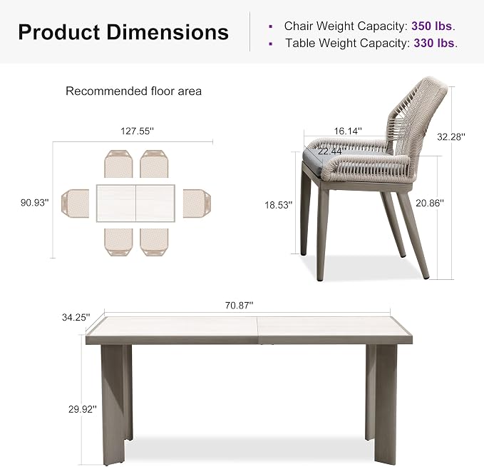 PURPLE LEAF 7 Pieces Patio Dining Set Aluminum Rectangular Table and Wicker Chairs with Cushions for Kitchen Porch Garden Modern Outdoor Furniture Sets, Light Grey - Image 9