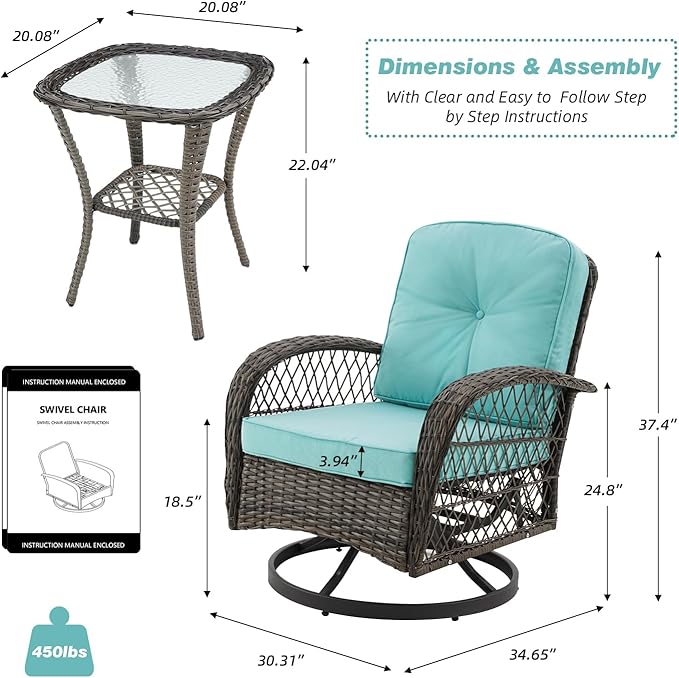 EROMMY 3 Pieces Outdoor Swivel Rocker Patio Chairs, 360 Degree Rocking Patio Conversation Set with Thickened Cushions and Glass Coffee Table for Backyard, Blue