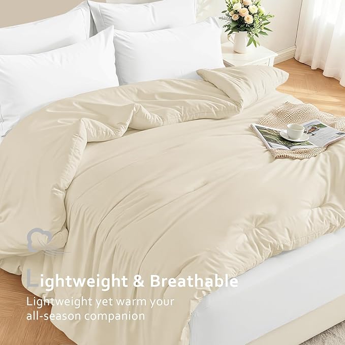 Comforters Full Size, All Season Quilted Bed Comforter, Ultra-Soft Down Alternative Duvet Insert with 4 Tabs, Lightweight Bedding Blanket - Machine Washable, Beige