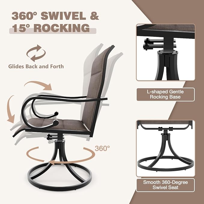 MELLCOM Swivel Outdoor Chairs Set of 4, High Back Padded Textilene Patio Dining Chairs with Metal Frame, All-Weather Outdoor Furniture Rocker, Brown - Image 4