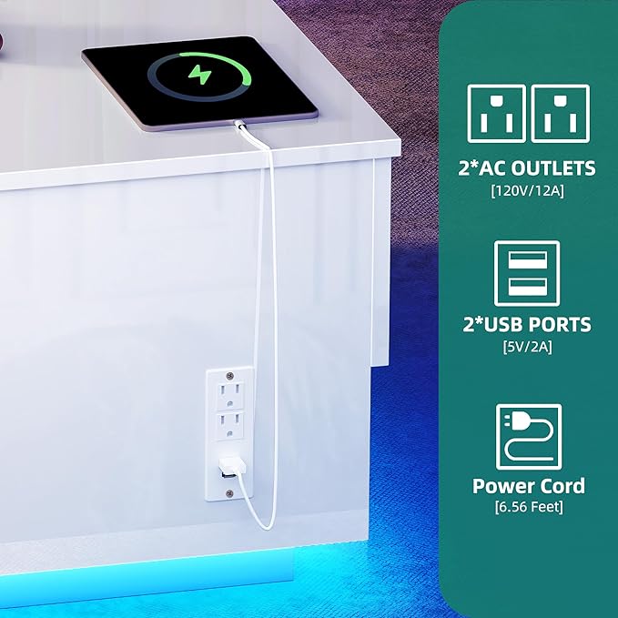 YITAHOME LED Lift Top Coffee Tables for Living Room with Power Outlets Charging Station, Modern Coffee Table with Storage 2 Drawers and Open Shelfs Rectangular Small Coffee Table Decor, Glossy White