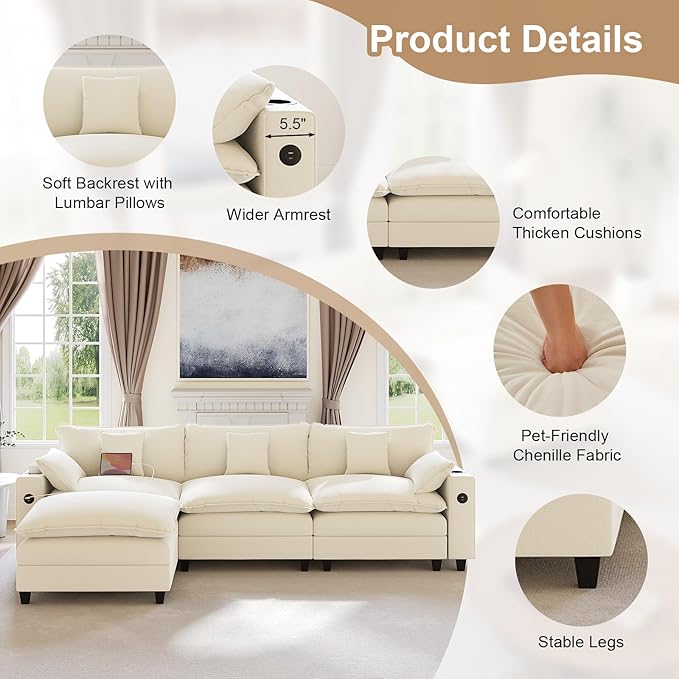 116" Modular Sectional Sofa, L Shaped Cloud Couch with Movable Ottoman, Chenille Deep Seat Cloud Sofa with Charging Station, Cup Holder, Side Pocket, Sectional Couches for Living Room, Beige