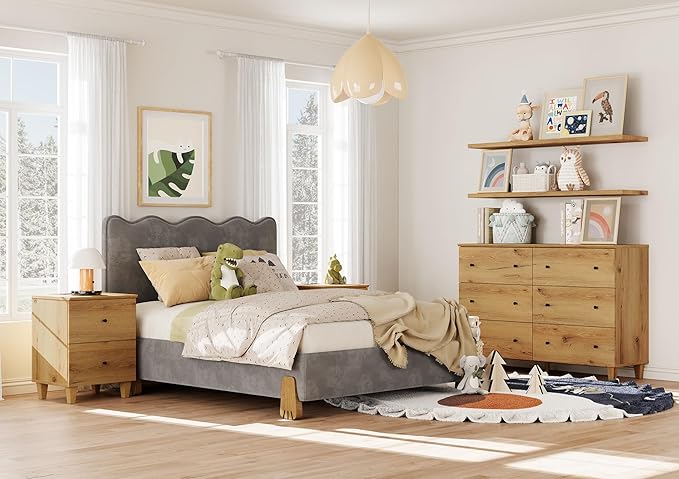WAMPAT Dresser and Nightstand Set of 2, 47.2 Inches Wood Dresser with 6 Drawers, 1 Piece Nightstand with Drawers and Charging Station, Bedroom Furniture Set, Oak Brown