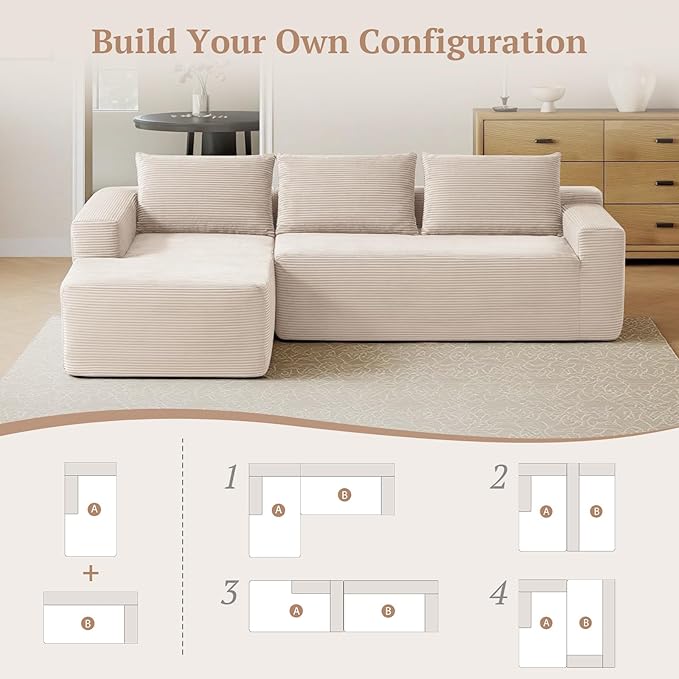 97inch Boneless L-Shaped Sectional Sofa with Throw Pillow & Side Pockets- No Assembly Compressed Modular Couch, Memory Foam, Deep Seat for Living Room, Bedroom, Apartment White Left