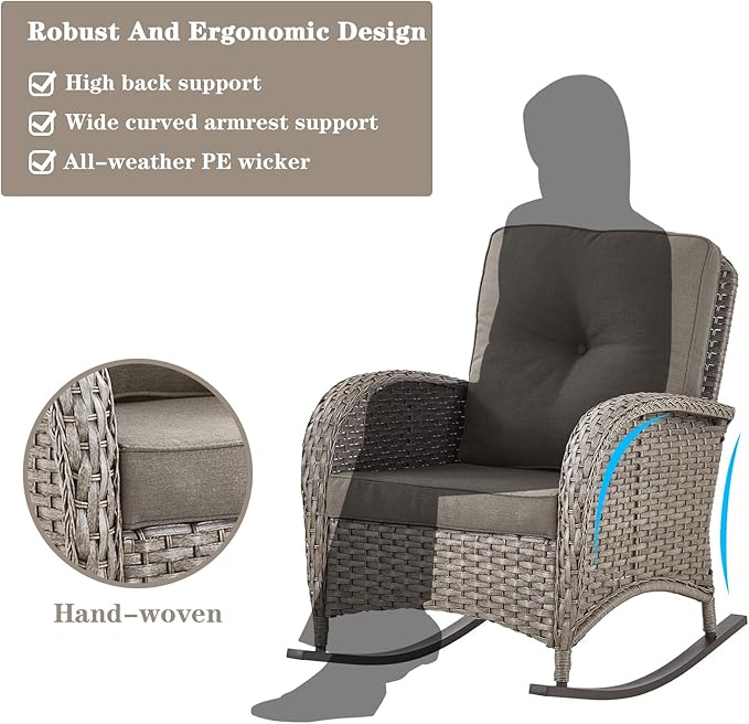 Belord Patio Rocking Chairs Wicker Set - Outdoor Rocking Chairs Set of 2 with Side Table, 3 Piece Patio Rocker Furniture Set with Water-Resistant Cushions for Porch Balcony Backyard