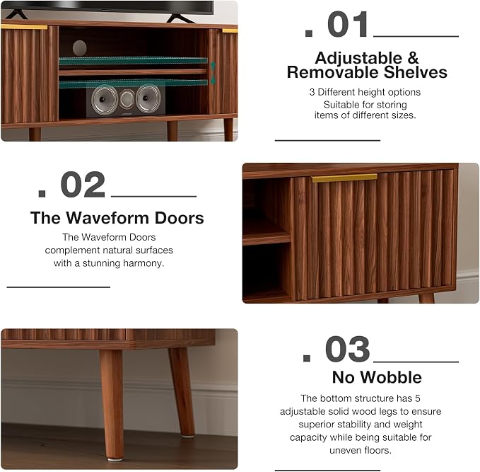 LCRBOL TV Stand for Living Room, Mid Century Modern Entertainment Center for 55/60 inch TVs, TV Console with Fluted Door Cabinets and Open Shelves, for Bedroom, Walnut - Image 4