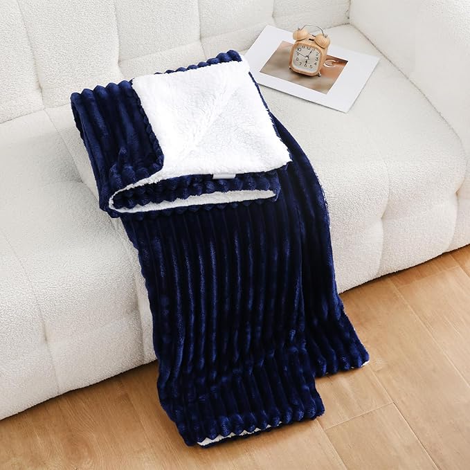 Navy Blue Sherpa Fleece Throw Blanket 90”×90” for Couch Sofa Bed,Super Soft Cozy Plush Double Side Thick Flannel Blanket with Striped Design Lightweight for Adults,Woman,Girls
