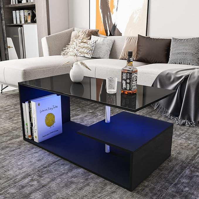 HOMMPA LED Coffee Tables for Living Room Modern Black Coffee Table with S-Shaped 3 Tiers Open Storage Shelf High Gloss Center Sofa Tea Table with LED Lights for Home Office Furniture Black 18" Tall